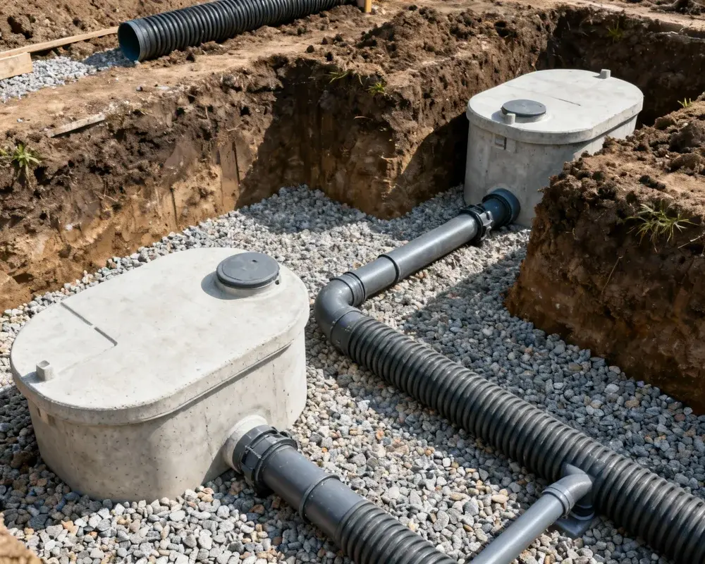 Trekammarbrunn i plast nedgrävd i marken