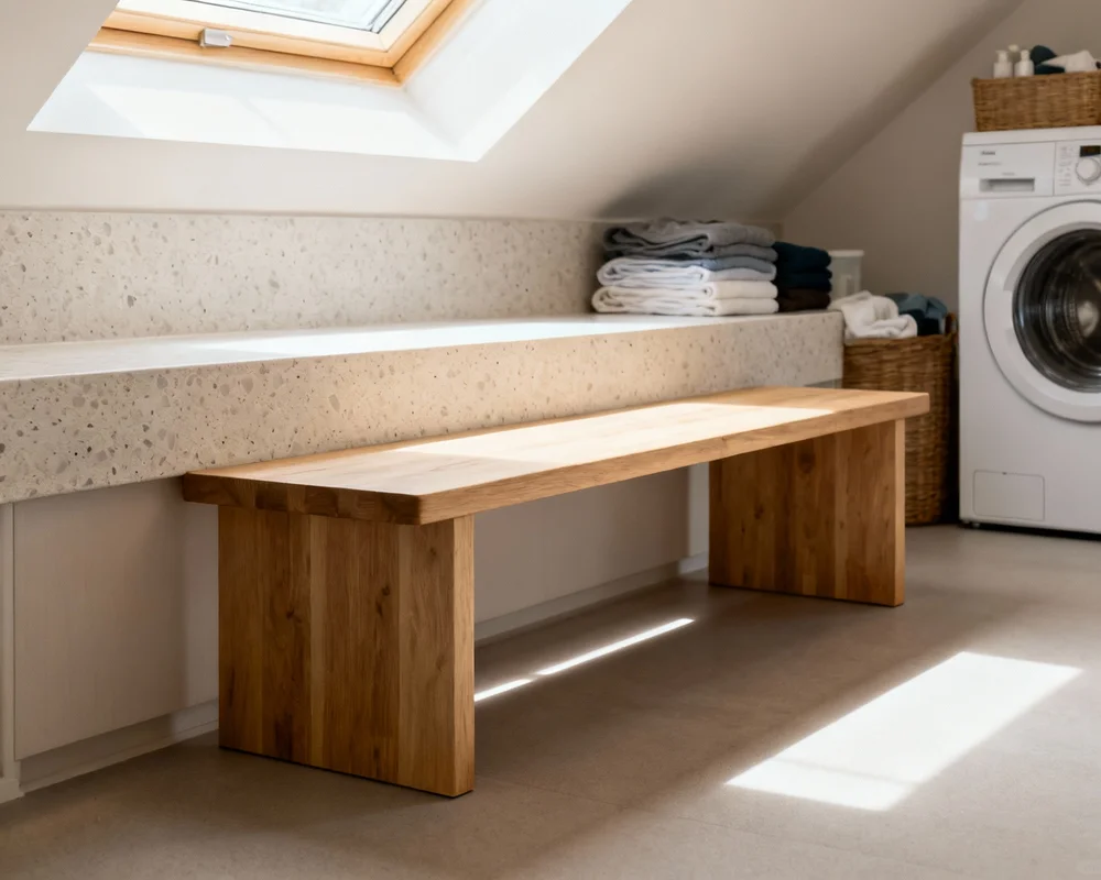 Modern bänkskiva över tvättmaskin i tvättstuga