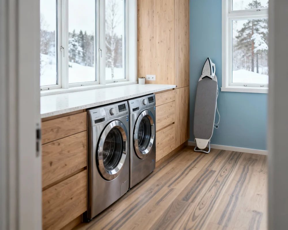 Modernt tvättrum med tvättmaskin och förvaring