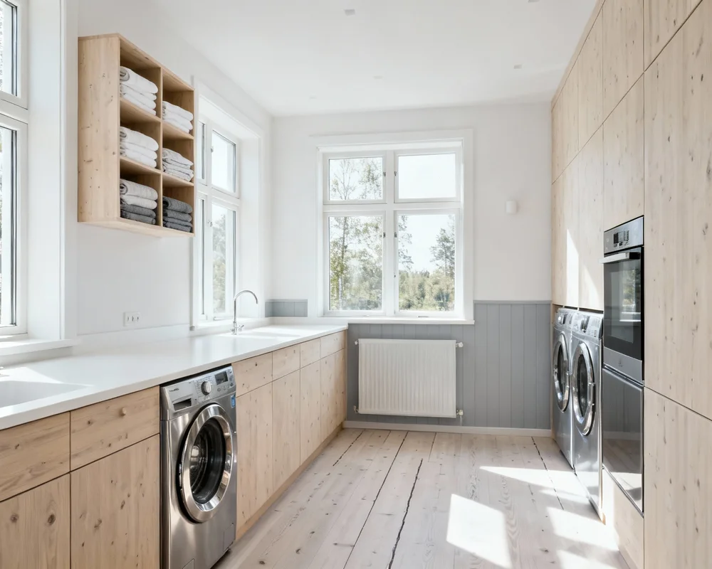 Modern tvättstuga med skandinavisk design