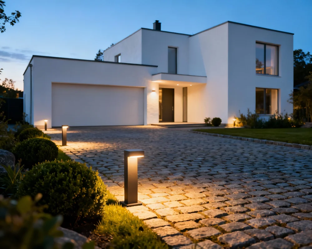 Uppfartsbelysning med pollare och markspotlights