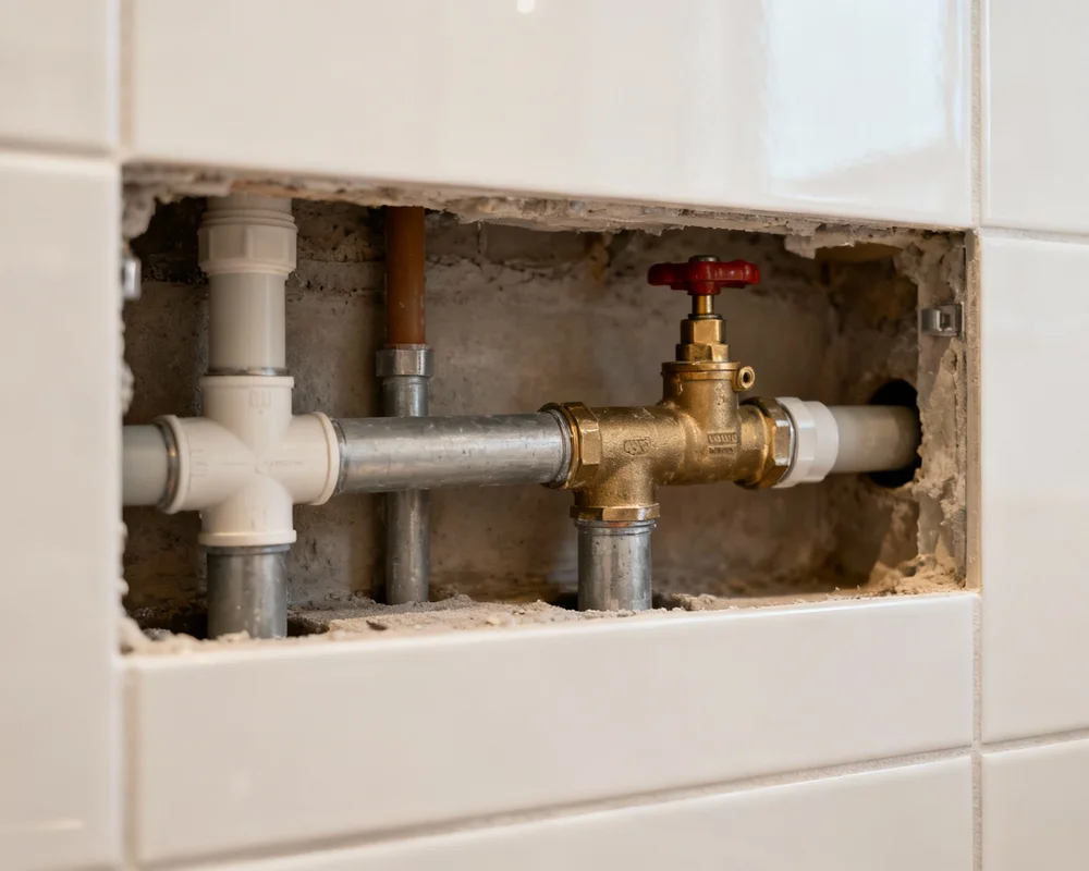 Modernt badrum med dolda rör bakom kaklad vägg