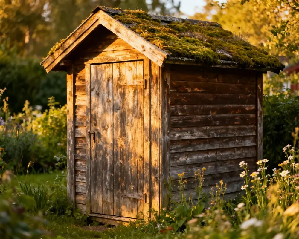 Traditionellt rött svenskt utedass i skogsglänta