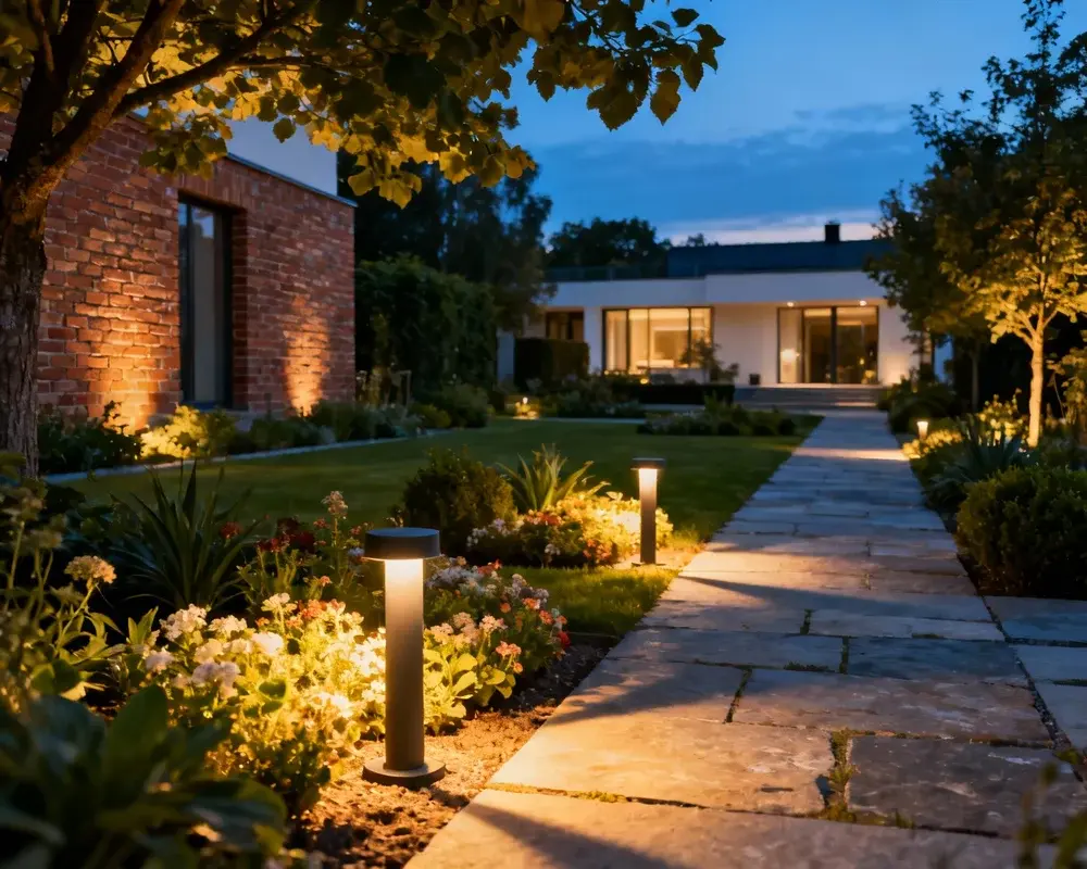 Utomhusbelysning villa med trädgård och fasad