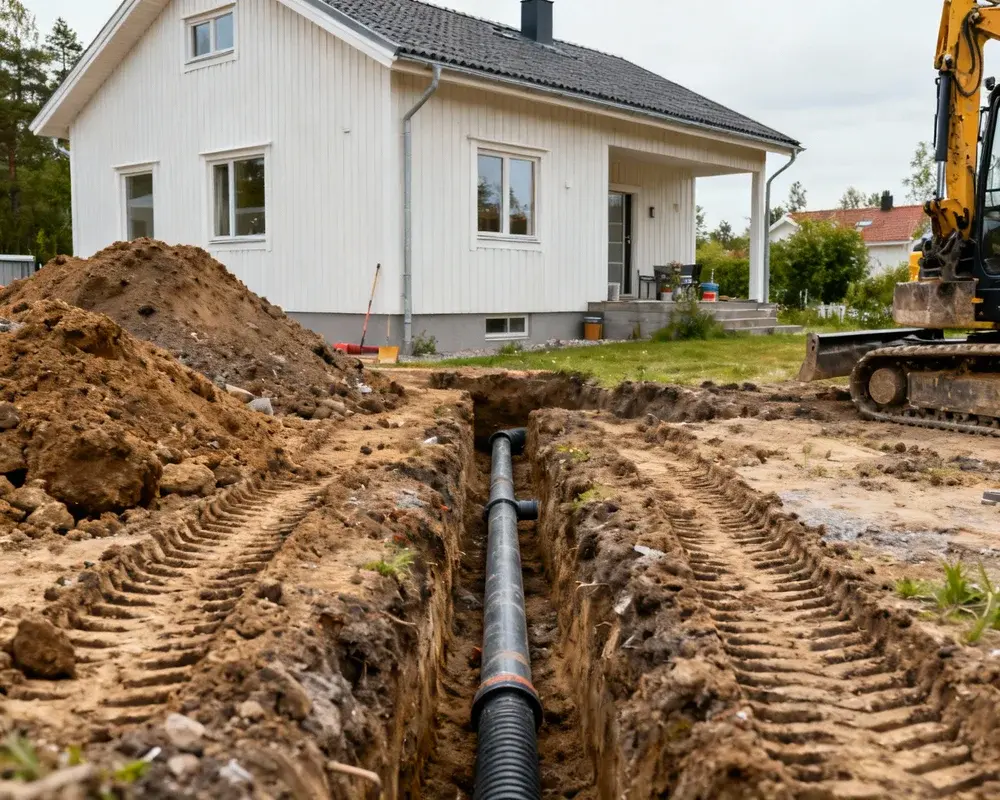 Dränering av husgrund pågår