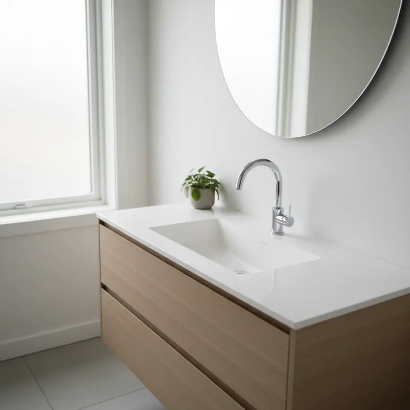 Modernt badrum med fokus på detaljer som kran och handfat