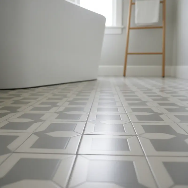 Närbild på ett badrumsgolv med vackert lagt klinker