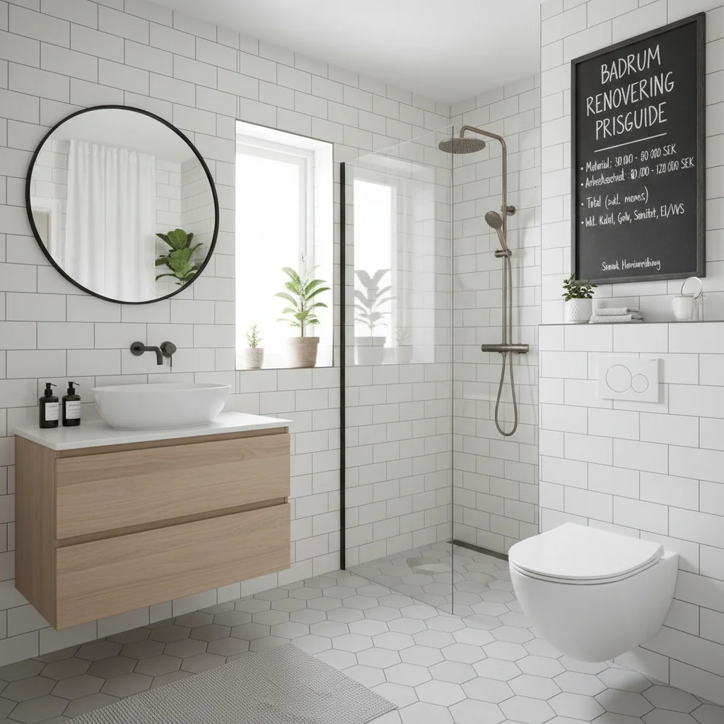 Modernt badrum med kakel och inredning, redo för renovering