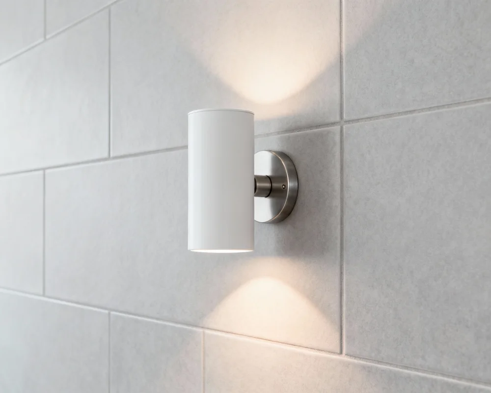 Modern vägglampa vid badrumsspegel