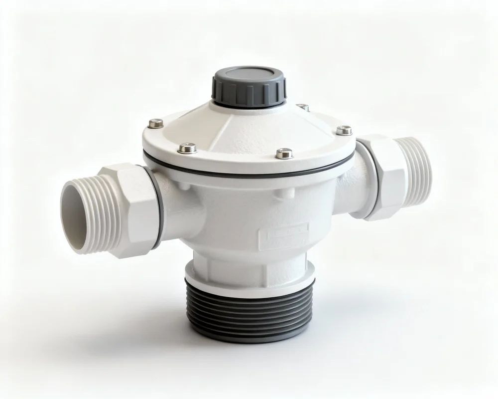 Vakuumventil monterad på vitt PVC-avloppsrör under diskbänk