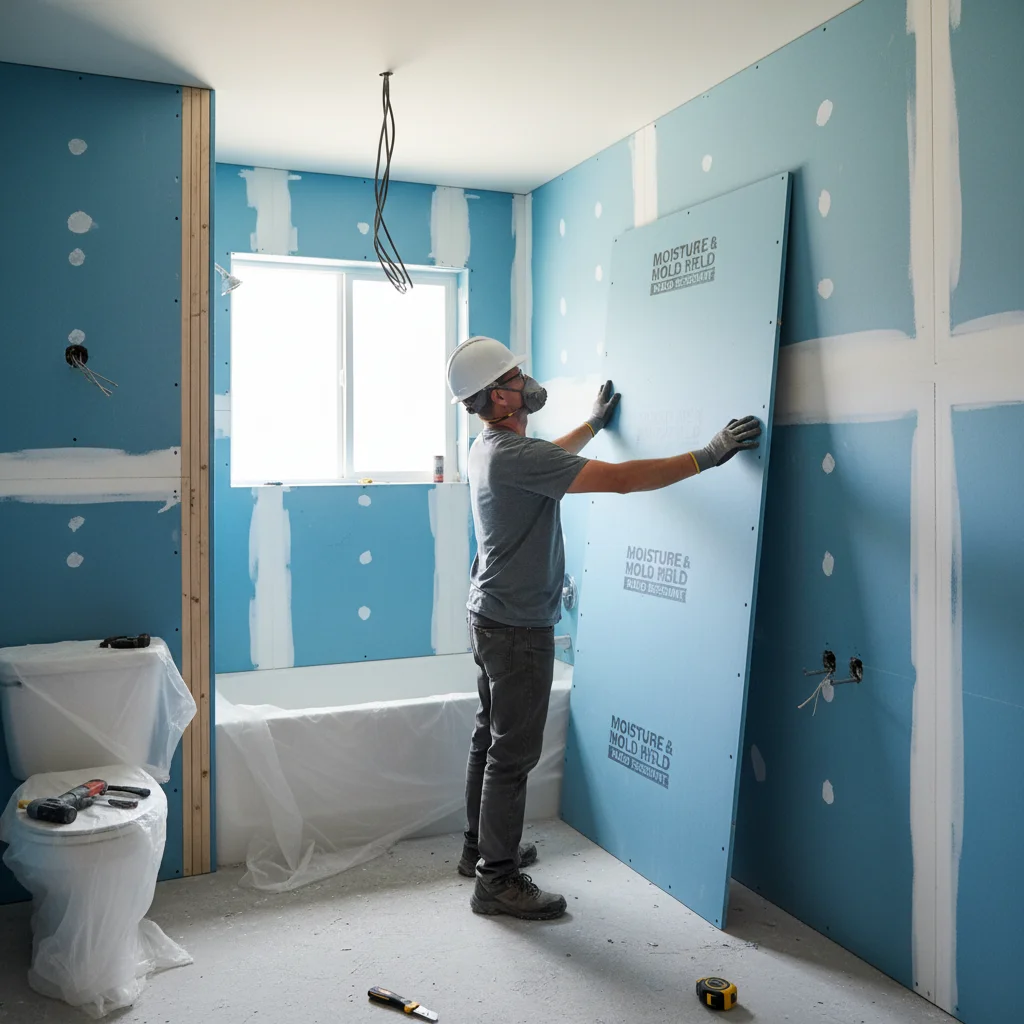 Närbild på en våtrumsgipsskiva som visar dess täta ytskikt