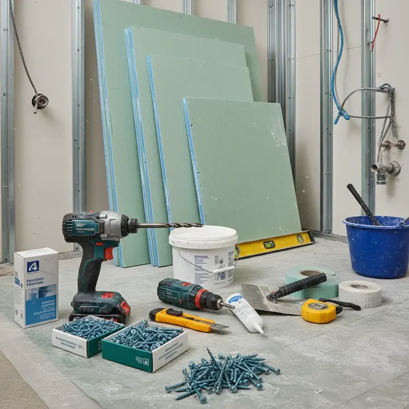 Hantverkare monterar våtrumsgipsskivor på en väggstomme