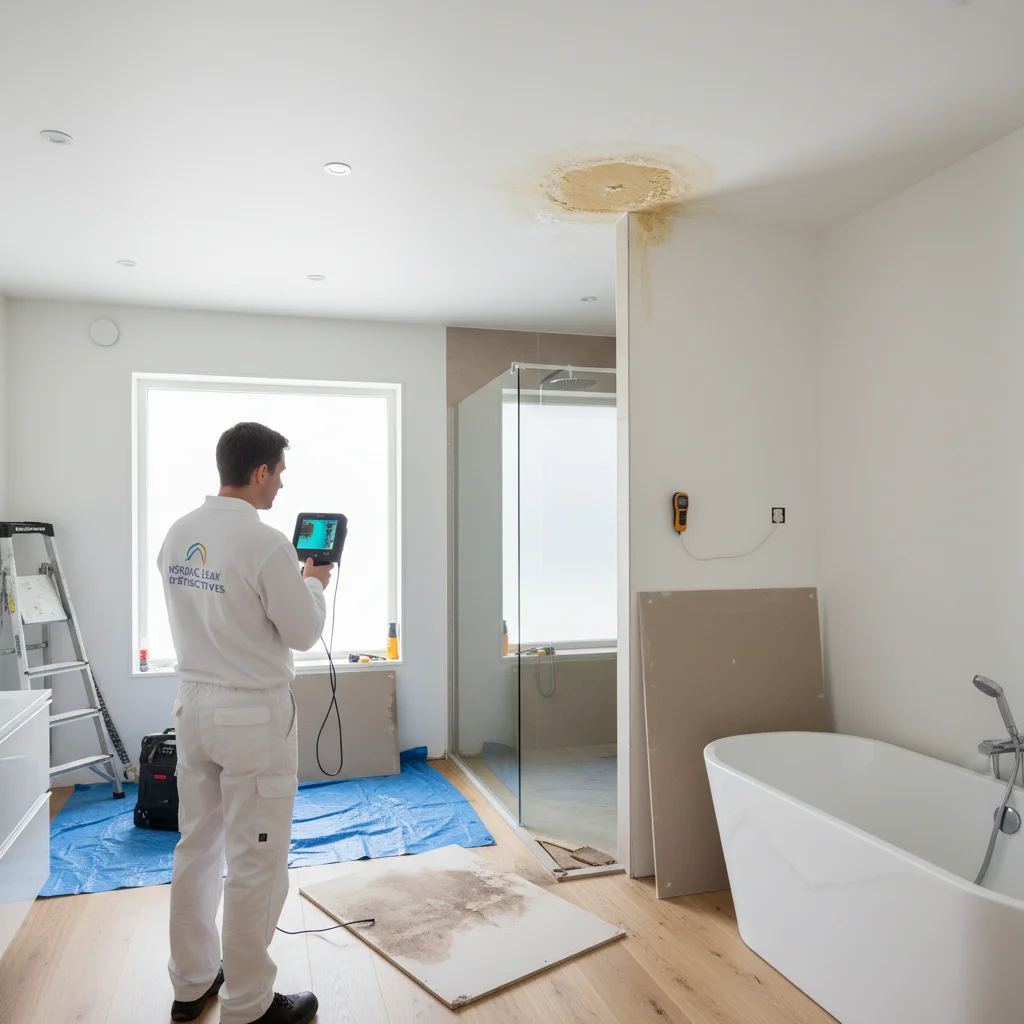 Inspektion av vattenskada i badrum med fuktmätare