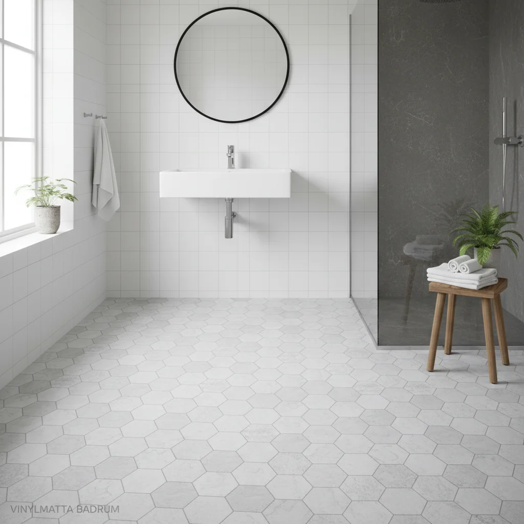 Modernt badrum med vinylgolv i träimitation