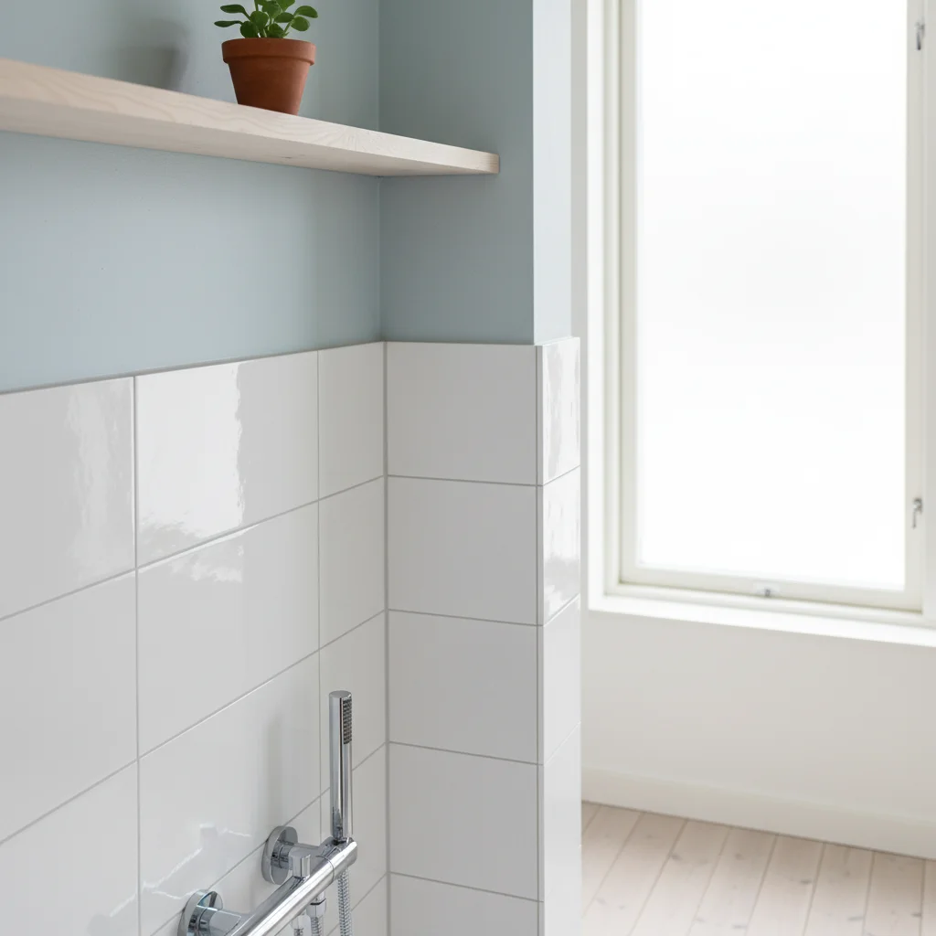 Professionellt utfört ytterhörn med aluminiumlist och vita kakelplattor