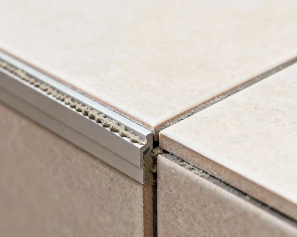 Kakelmästare installerar hörnlist vid ytterhörn i badrum