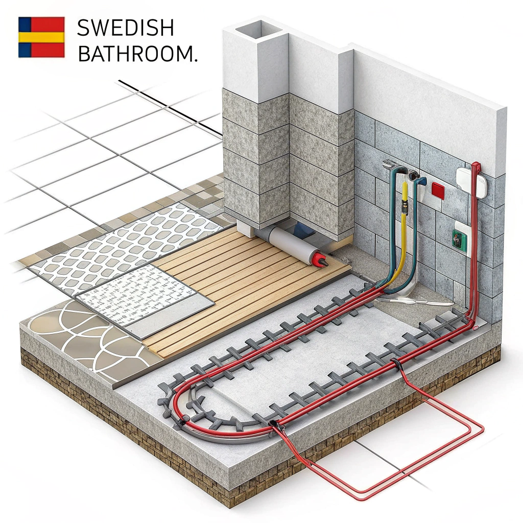 Teknisk diagram över golvvärmeinstallation i badrum