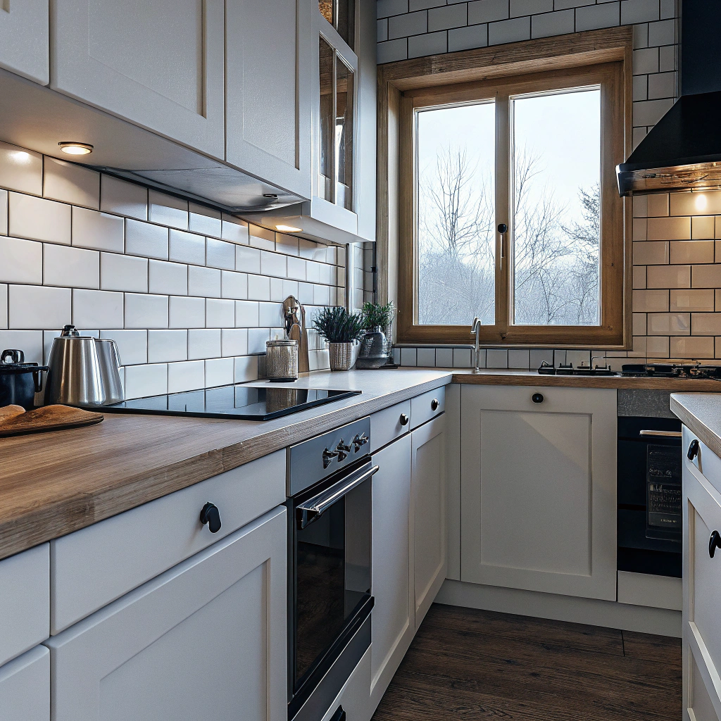 Elegant svenskt kök efter renovering med vita luckor och naturlig träbänkskiva som visar kvalitet värd investeringen