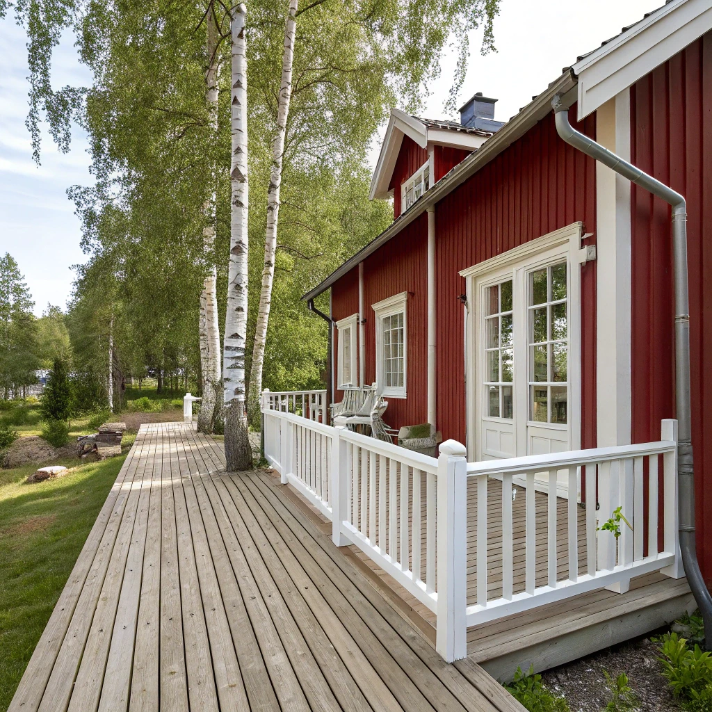 Vacker altan ansluten till traditionellt svenskt rött hus - exempel på ROT-berättigad altankonstruktion