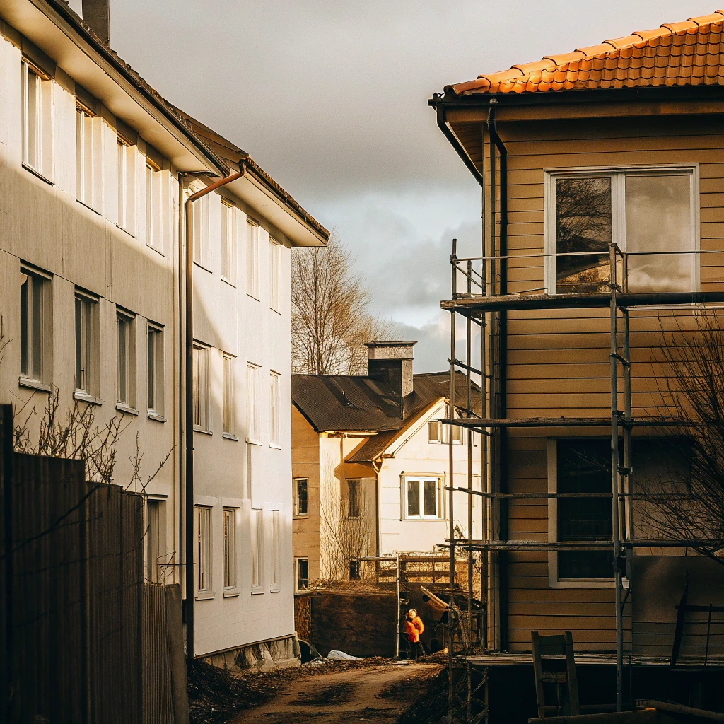 Fasadrenovering i bostadsområde - flera hus renoveras samtidigt