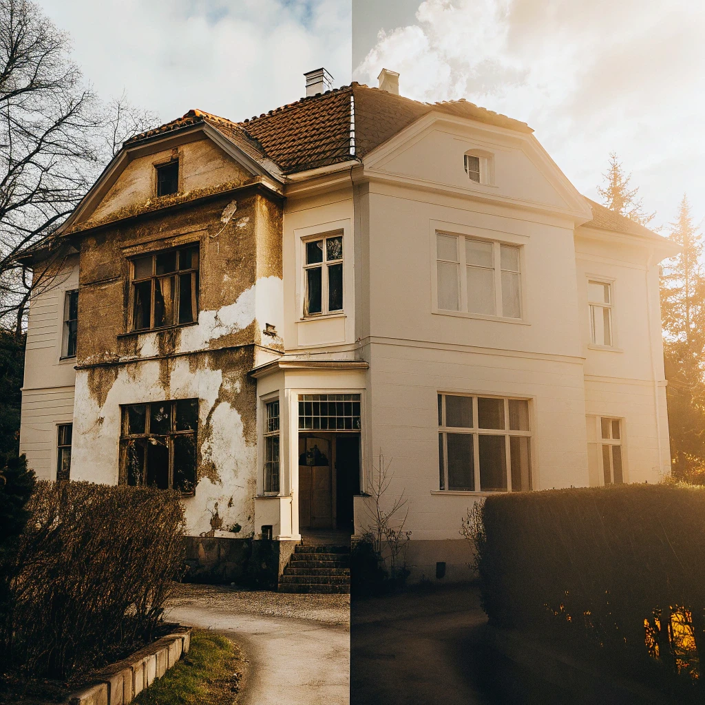Före och efter fasadrenovering - putsfasad